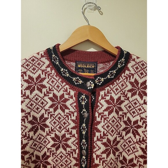 Woolrich Cardigan Sweater Wool Knit Blend Nordic Fair Isle Snowflake Print Red M - Picture 2 of 7